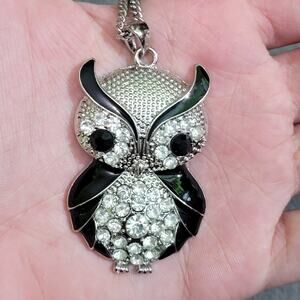 Women's Long Silver Necklace Owl Sparkle Pendant Necklace